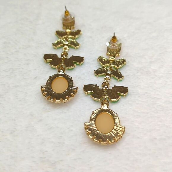 Lovely Apricot and Green Acrylic Cabochon Dangle Drop Pierced Earrings - Picture 3 of 5